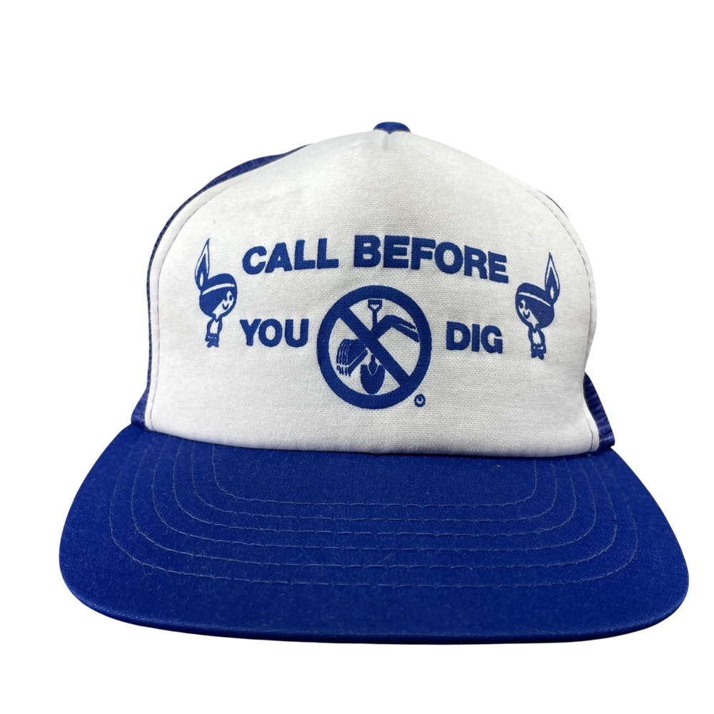 Vintage JR Call Before You Dig Hat Cap Snap Back One Size Mens Blue Trucker Mesh